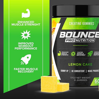 Bounce Pro Creatine Monohydrate Gummies for Men & Women, Low Calorie, 6G of Creatine per Serving, Vegan, Anti-Melting, Gluten-Free, Non-GMO (51 Count (Pack of 1), Lemon Cake)