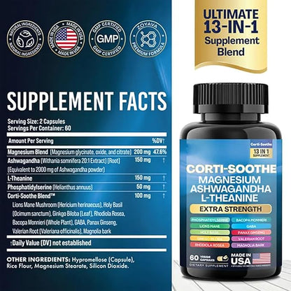 Zoyava Corti-Soothe Cortisol Supplement Magnesium Glycinate 200mg L-Theanine 150mg Ashwagandha 150mg Phosphatidylserine Cortisol Manager Lions Mane Ginkgo Biloba Bacopa Monnieri Valerian Root 60 Caps