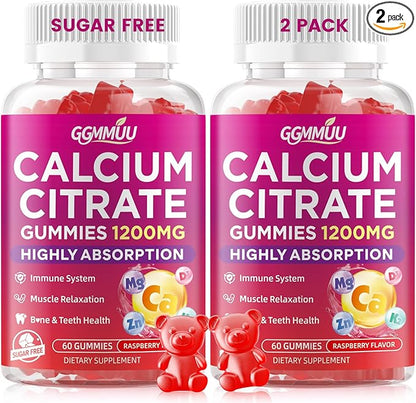 2 Pack Calcium Citrate Gummies 1200mg, High Absorption Calcium Supplements for Women & Men, Sugar Free Calcium Gummies for B0ne, Muscle & Immune Support, Non-GMO, Raspberry Flavor 120 Count
