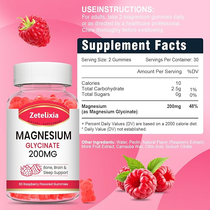 Magnesium Glycinate Gummies, High Absorption Magnesium Glycinate Supplements for Relaxation, Magnesium Chews for Adults and Kids, Raspberry Flavor 120 Count