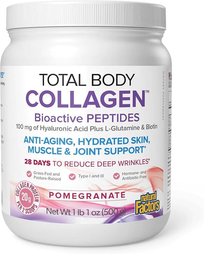 Natural Factors Total Body Collagen - Bioactive Collagen Supplement for Hair & Nail Growth Support - Healthy Skin Supplement with Protein, Vitamin C & More - Pomegranate, 500 g (38 Servings)