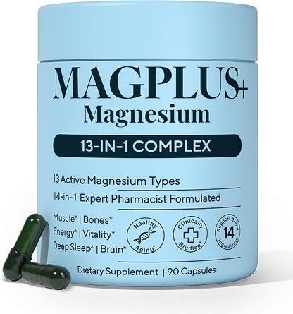 Magnesium Complex for Women & Men, 1000mg – MAGPLUS+ 13-in-1 Advanced Liposomal Ultra Formula – Glycinate, L-Threonate & Triple Magnesium Blend – Brain, Memory & Deep Sleep – 90 Capsules