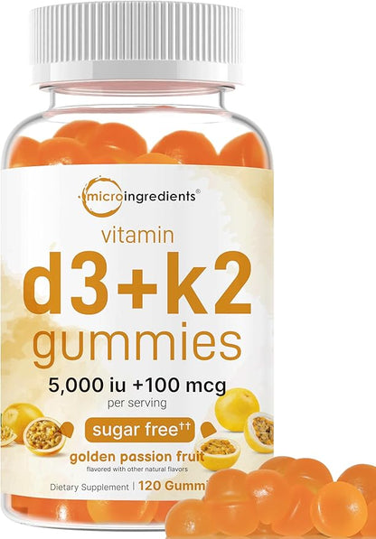Micro Ingredients Vitamin D3 K2 Gummies, 120 Count | 5,000 IU Vitamin D + 100 mcg K2 MK-7 | Bone, Immune & Heart Health Supplements* | Sugar Free Golden Passion Fruit Flavor | Non-GMO, Gluten Free