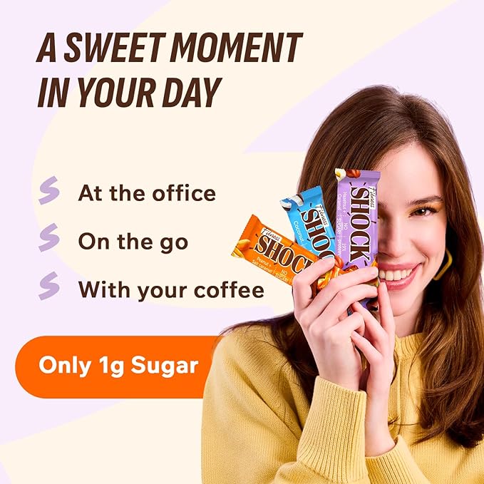 Fitness SHOCK Protein Bars Variety Pack - No Added Sugar, Low Calorie Low Carb Snack - Peanut Salted Caramel, Hazelnut Caramel, Coconut - 180 Kcal, 0g Added Sugar, 8g Fat, 13g Net Carbs - 12 x 50g