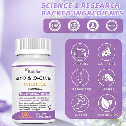 13-in-1 Myo Inositol & D-Chiro Inositol for Women PCOS,Hormonal Balance,2460mg-40:1 Ratio,Ovarian Health&Cycle Support Supplement Plus Alpha Lipoic Acid/Folate/Vitex/Magnesium/Multivitamin,120 Veg Cap