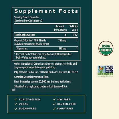 Gaia Herbs Milk Thistle - Liver Supplement & Cleanse Support for Helping to Maintain Healthy Liver Function* - 120 Vegan Capsules (40 Servings)