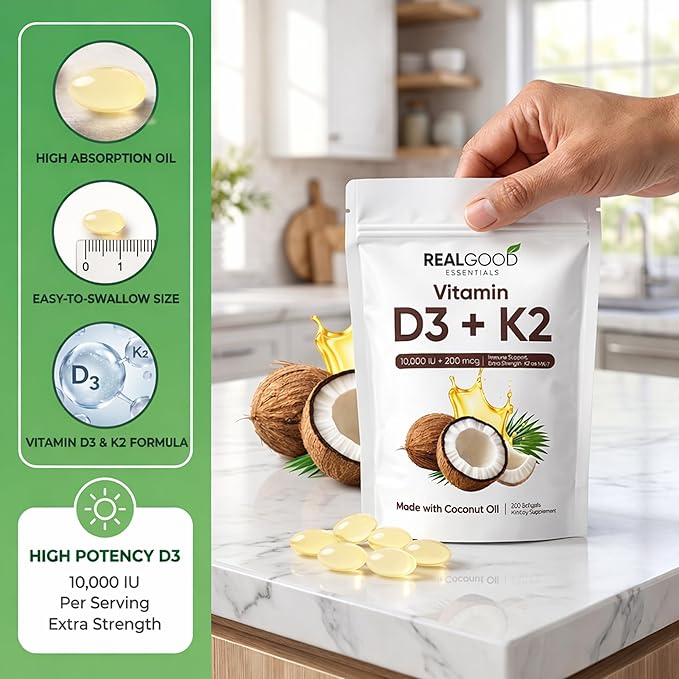 Real Good Essentials Vitamin D3K2 – 300 Softgels,High Absorption Softgels for Bone, Heart & Immune Support – Virgin Coconut Oil, Easy to Swallow