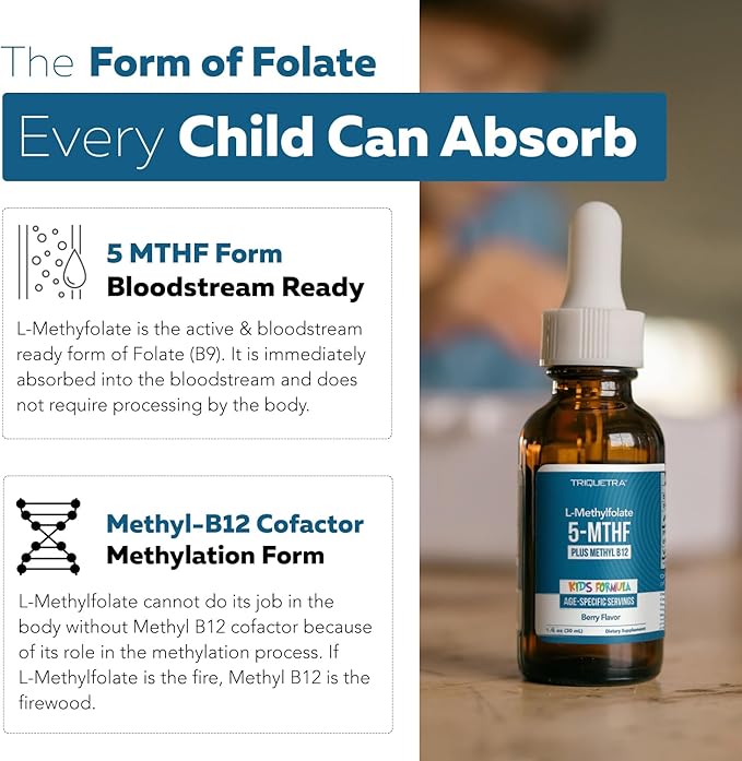 Organic Kids L-Methylfolate + Methyl B12 Cofactor - MTHFR Sublingual Form - 5-MTHF, Superior Form of Folate - Adjustable Dosing for All Ages - Mood, Behavior, Cognition - Organic Berry Flavor, 1 Fl oz