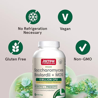 Jarrow Formulas Saccharomyces Boulardii + MOS Probiotics for Digestive Health and Intestinal Tract Support - 5 Billion CFU Per Serving - 90 Delayed Release Caps - Probiotic + Prebiotic - 90 Servings