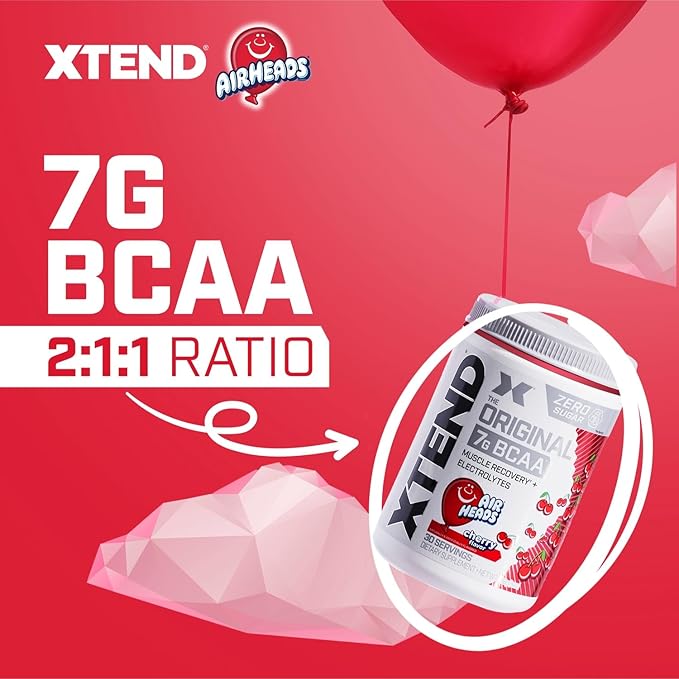 Xtend Original BCAA Powder, 7g BCAAs and 2.5g L-Glutamine for Muscle Recovery Hydration and Lean Muscle, Sugar Free Intra and Post Workout Drink with Electrolytes, Cherry Airheads, 30 Servings