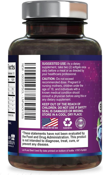 Omega 3 Fish Oil Supplements - 2400mg Fish Oil Per Serving - Triple Strength Omega-3 with EPA & DHA Fatty Acids - Natural Heart, Brain & Immune Support - Wild Caught, Bottled in USA - 120 Softgels