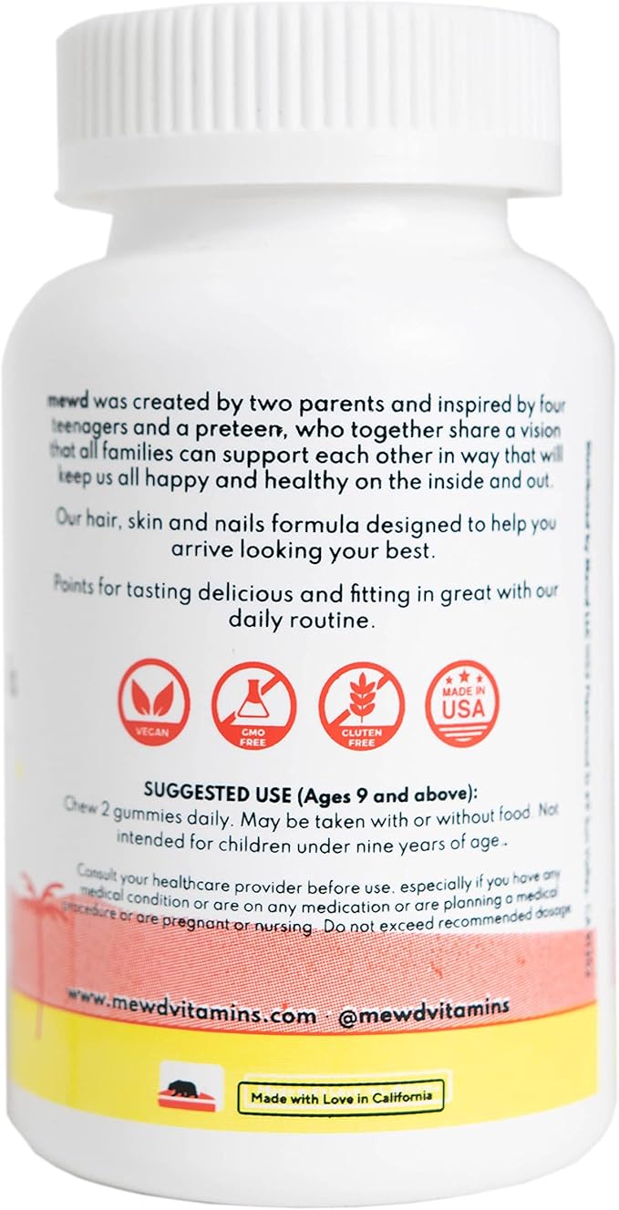 MEWD Teen and Kids Hair, Skin & Nails Support Multivitamin Gummies - Biotin Strength & Growth with Zinc, Vitamins A, D3, B1, B2, B6 & B12 - Gluten-Free, Non-GMO for Girls & Boys - 60 Count - USA Made