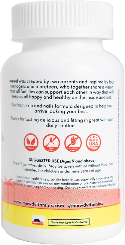 MEWD Teen and Kids Hair, Skin & Nails Support Multivitamin Gummies - Biotin Strength & Growth with Zinc, Vitamins A, D3, B1, B2, B6 & B12 - Gluten-Free, Non-GMO for Girls & Boys - 60 Count - USA Made