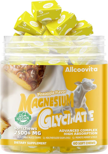 Magnesium Glycinate Soft Chews, Pineapple Flavor.Chewable Sugar Free Potassium Magnesium Chews with Magnesium Glycinate, Vitamin D, B6, and CoQ10 for Calm Support & Sleep for Adults, 60 Days Supply