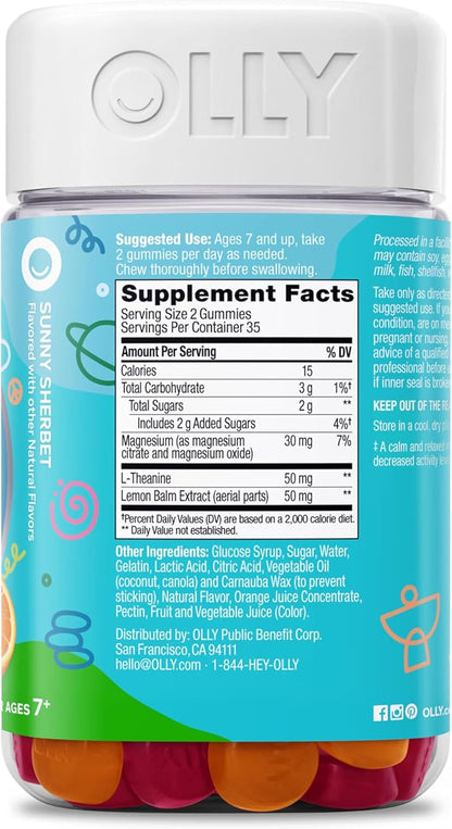 OLLY Kids Chillax Gummy, for a Calm and Relaxed Mood*, Magnesium, L-Theanine, Lemon Balm Extract, Chewable Supplement, Sherbet Flavored, 35 Day Supply - 70 Count (Packaging May Vary)