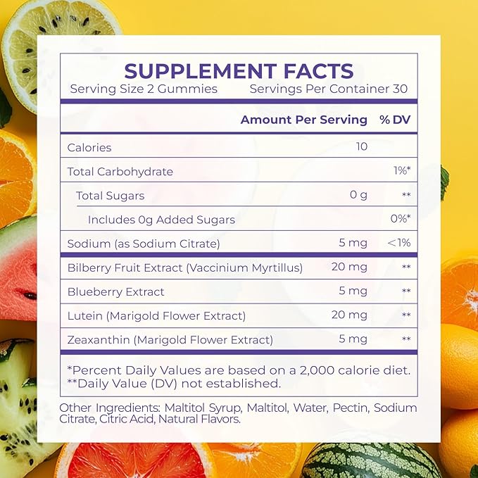 Lutein & Zeaxanthin Eye Vitamins Gummies for Daily Eye Health – 20mg Lutein, Sugar-Free, High-Potency Gummy with Bilberry Extract, Blue Light Support, Star-Shaped Gummies, 30 Count