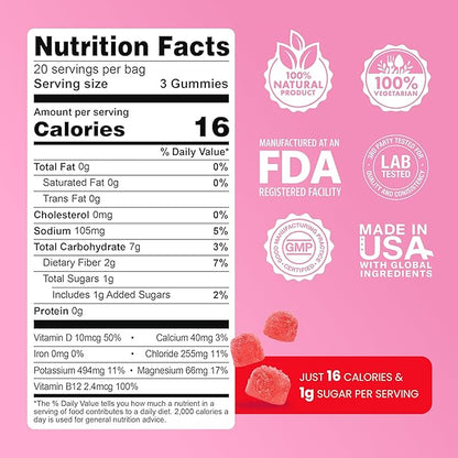 Day One ElectroGummies – Electrolyte Hydration Gummies – Ideal to Boost Hydration & Energy – Running, Workout – Sour Watermelon Flavored – 60 Gummies