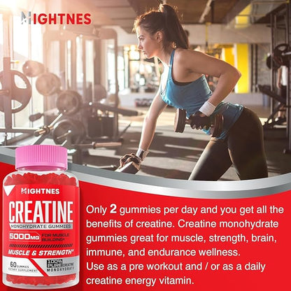 Creatine Monohydrate Gummies for Men & Women - Creatine Pre-Workout Gummies with Taurine & Vitamin B6 B12 for Maximum Strength, Muscle, Energy, Endurance & Focus, Organic, Vegan-60 Count