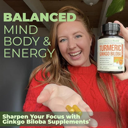 Ginkgo Biloba Supplement with Turmeric Curcumin and Black Pepper for High Absorption - Ginko Biloba Capsules with Curcuma for Focus, Memory Support, Joint & Brain Health - Non-GMO - 60 Vegan Capsules