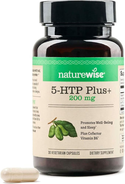 NatureWise 5-HTP 200mg Supplement from Griffonia Seeds with Cofactor Vitamin B6 - Mood Support and Natural Sleep Aid for Adults - Delayed-Release, Vegan - 30 Count[1-Month Supply]