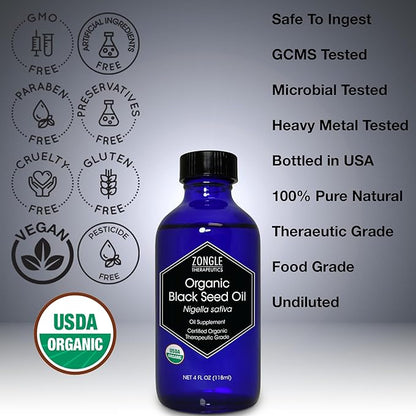 Organic, Black Seed Oil, Cold Pressed, for Hair, Face, Immune Support– 100% Pure, Black Seed Oil, by Zongle Therapeutics, 4 OZ