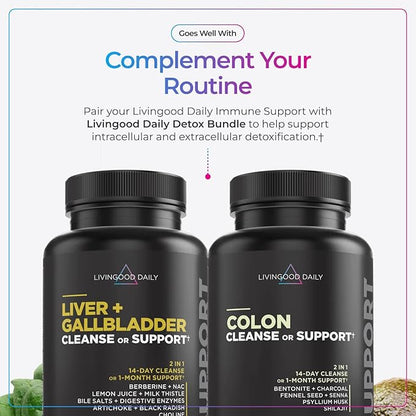 Livingood Daily Immune Support Supplement, 4-in-1 Formula with Oregano Oil, Monolaurin, L Lysine & Quercetin, Gut & Digestive Health, Gluten Free, Vegan, Non GMO, Allergen Free, 120 Capsules