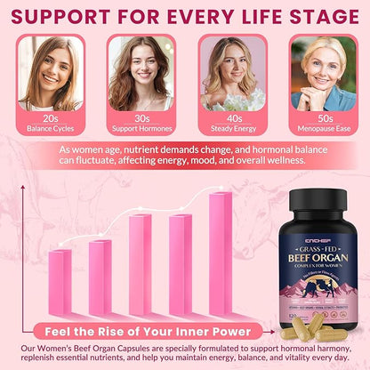 Beef Organ Supplement for Women, Beef Liver, Kidney, Heart & Uterus Tissue, with Multivitamins, Folate & Herbal Extracts – Balance Hormones, Support PMS & Energy, Grass Fed,Pasture Raised,120 Capsules