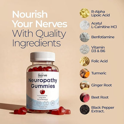 The Nerve Brand Neuropathy Support Gummies, 600 mg R Alpha Lipoic Acid Gummies with B1 B6 B12 and Lion’s Mane, Sugar Free Daily Nerve Health Supplement, 30 Day Supply