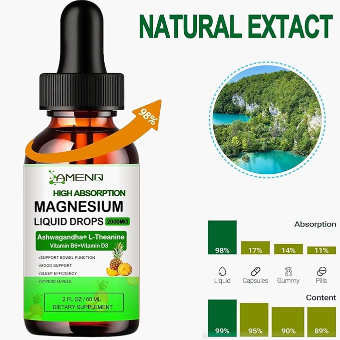 Liquid Magnesium Supplement, Organic 5-in-1 Magnesium Complex Drops 丨 Glycinate, Taurate, Oxide, Malate, Citrate w/L-Theanine, Ashwagandha for Cortisol, Sleep*, Stress, Muscle,