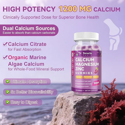 2 PCS Totaria Sugar Free Calcium Citrate Magnesium Zinc Gummies for Women Men, with D3, Boron, B12, Ashwagandha, 19-in-1 Ultimate Absorption Calcium 1200 mg Supplements for Bone, Muscle, Calm, Vegan