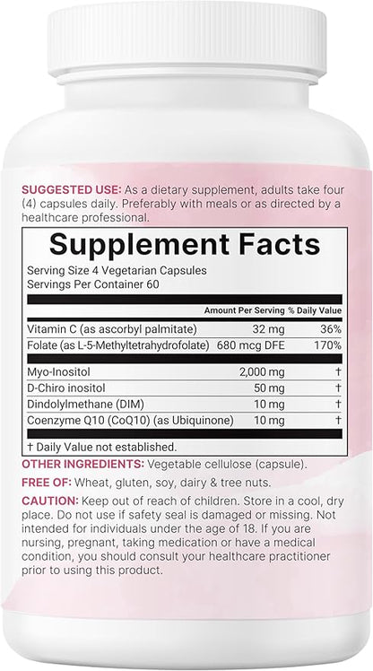 Myo-Inositol & D-Chiro Inositol 2,050mg | 240 Veggie Capsules + Vitamin C, Folate, DIM, & CoQ10 | Inositol Supplement for Women | 40:1 Ratio | Hormonal Balance & Ovarian Support | Filler Free