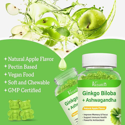Ginkgo Biloba Gummies 240mg with Panax Ginseng for Better Mood and Focus, Booster Brain Health, 60 Vegan Apple Flavor Gummies