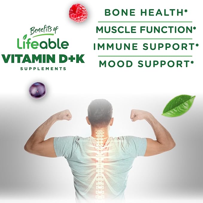 Lifeable Vitamin D3 K2 Gummies for Adults | 1000iu D3 and K2 100mcg | Great Tasting D3 and K2 Supplements | for Immune Support | VIT D3 K2 for Adults, Men, and Women | 60 Gummies
