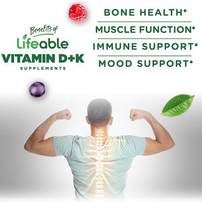 Lifeable Vitamin D3 K2 Gummies for Adults | 1000iu D3 and K2 100mcg | Great Tasting D3 and K2 Supplements | for Immune Support | VIT D3 K2 for Adults, Men, and Women | 60 Gummies