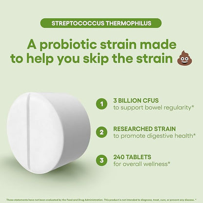 Streptococcus Thermophilus Probiotic Supplement 240 Tablets 3 Billion CFU Probiotics for Men & Women Supports Intestinal Digestive & Gut Health (240, Streptococcus Thermophilus)