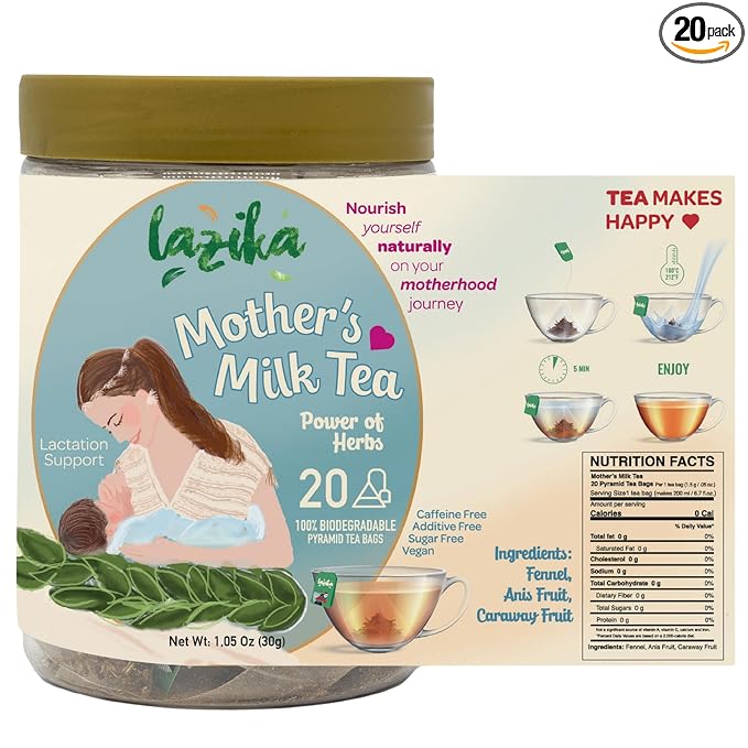 Lazika Lactation Tea, Breastfeeding and Lactation Support Tea, 20 Pyramid Teabags, Lactation Supplement, Increase Breastmilk Production, Fennel Anis and Caraway Fruit