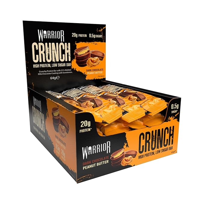 Warrior HIGH PROTEIN BARS (20g Protein each) - Low Carb, Low Sugar - Pack of 12 Caramel Crispy Crunch Bars - Dark Chocolate & Peanut Butter