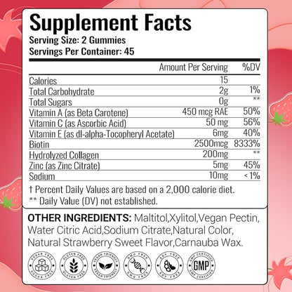 Collagen Gummies with Vitamins C, A, E, Zinc, and Biotin – Hydrolyzed Collagen Peptide Supplement for Hair, Skin, and Nails – Vegan, Sugar-Free, Strawberry Flavor – 90 Gummy