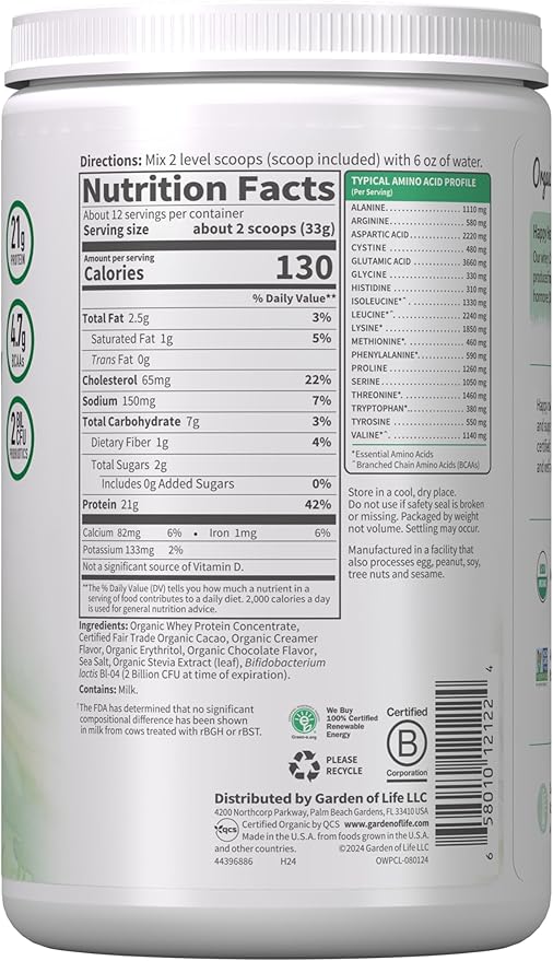Garden of Life Organic Whey Protein Chocolate Grass Fed Protein Powder – 21g Muscle-Building Powder with Probiotics & BCAAs, Post-Workout Recovery, Hormone-Free, Non-GMO, Gluten-Free, 12 Servings