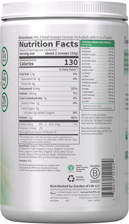 Garden of Life Organic Whey Protein Chocolate Grass Fed Protein Powder – 21g Muscle-Building Powder with Probiotics & BCAAs, Post-Workout Recovery, Hormone-Free, Non-GMO, Gluten-Free, 12 Servings