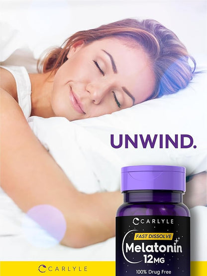 Carlyle Melatonin 12 mg Fast Dissolve 180 Tablets | Drug Free | Natural Berry Flavor | Vegetarian, Non-GMO, Gluten Free