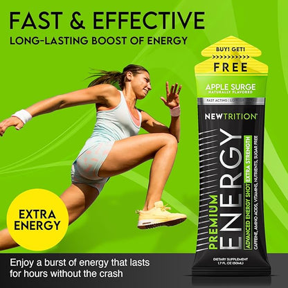 NewTrition® Extra Strength Energy Shots, 1.7 fl oz - 250mg Caffeine with Vitamin B & Amino Acids, Sugar-Free, Zero Calorie Vitamin Energy Drink for Focus & Endurance (Pack of 12, Apple Surge)