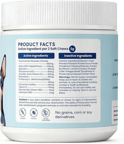 NAD+ Precursor & Senior Dog Multivitamin Supplement, 90 NMN Supplements for Longevity, Anti-Aging & Energy, Dog Daily Support Vitamins Chews for Hip & Joints, Skin & Coat, Chicken