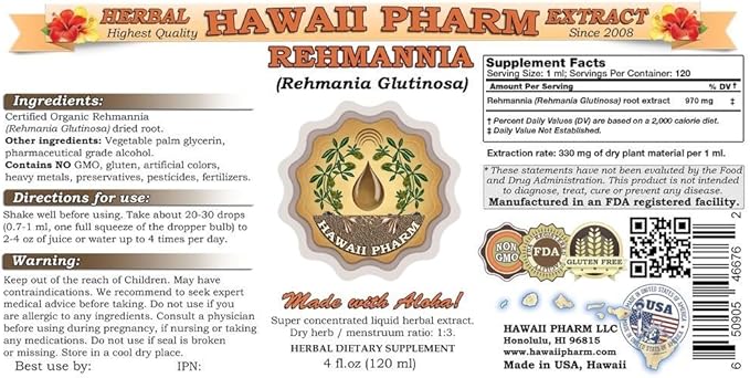 Hawaii Pharm Rehmannia Liquid Extract, Tincture, Herbal Supplement, Made in USA, 32 fl.oz