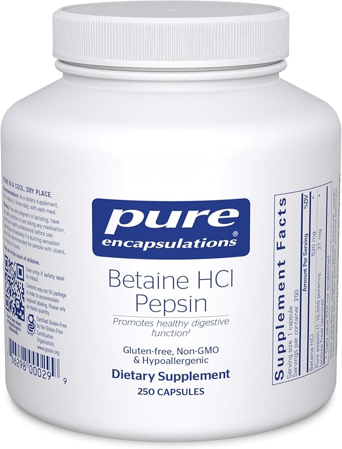 Pure Encapsulations Betaine HCl Pepsin - Digestive Enzymes Supplement for Digestion Aid & Support, Stomach Acid & Nutrient Absorption* - with Betaine HCl Pepsin - 250 Capsules