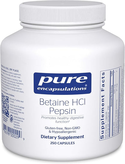 Pure Encapsulations Betaine HCl Pepsin - Digestive Enzymes Supplement for Digestion Aid & Support, Stomach Acid & Nutrient Absorption* - with Betaine HCl Pepsin - 250 Capsules