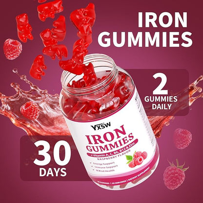 Iron Gummies for Women & Men, Vegan Iron Supplement Gummies with Vitamin C, A, B-Complex, Folate, Zinc- for Immune Health & Energy Support, Raspberry Flavor, 120 Count