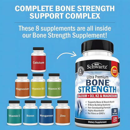 BioSchwartz Bone Strength Supplement - Gentle Non-Constipating Bone Health Supplement for Women & Men with 9-in-1 Complex with Calcium Magnesium Zinc D3 K2 & More - 3rd Party Tested - 1 Month