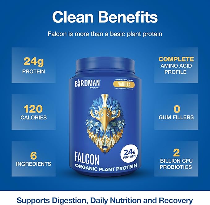 BIRDMAN Falcon Vegan Protein Powder Organic, Stevia & Sugar Free, Plant Based Protein, Low Carb, Dairy Free, Keto, Non Whey Protein, Probiotic, Pea Protein | Vanilla Flavor - 37 Servings - 2.64lb