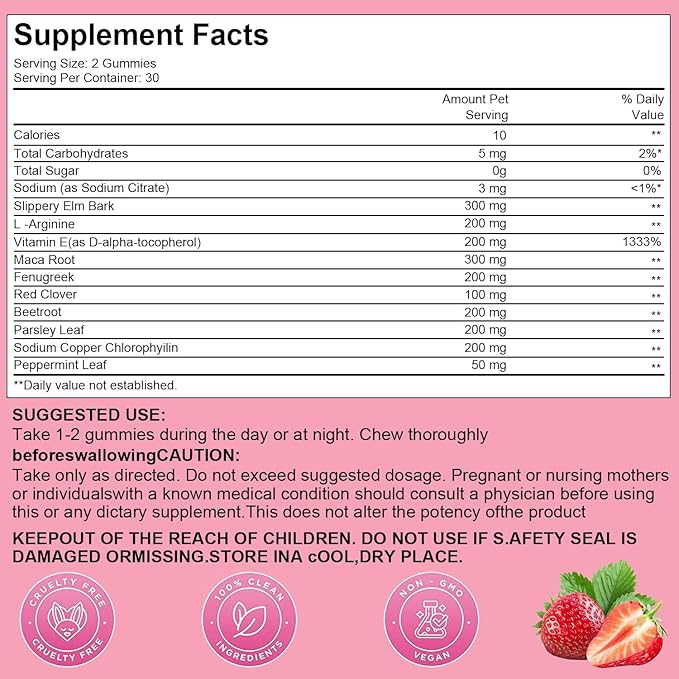 Pheromone Gummies for Women, Feminine Balance Gummies, Strawberry Flavor, Vegan, Gluten Free, Pink, 60 Gummies